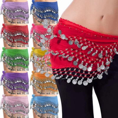10 PCS Chiffon 128 Silver Coins Belly Dance Costume Hip Skirt Scarf Wrap Belt US