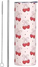 20 oz Tumbler Reusable Coffee Travel Mug with Lids and Straws, Insulated Coffee Cups Stainless Steel Water Bottles Skinny for Work, Women, Sports - Strawberry