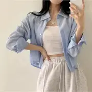 Long-Sleeve Plain Crop Shirt Blue - One Size