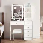 White Dressing Table Set Makeup Mirror Dresser Stool Led Vanity Desk Drawers