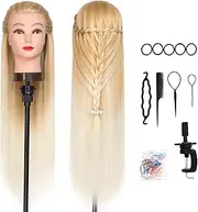 DANSEE 28" Mannequin Head Synthetic Hair Hairdresser Training Manikin Cosmetology Doll Head Blonde with DIY Braiding Set+ Free Table Clamp(27-613)