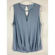 She and Sky Womens Blouse Blue Sleeveless Cutout Keyhole Modal Blend Boho L New