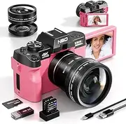 Digital Camera for Photography,NBD 4K 48MP Autofocus Vlogging Camera with 32G SDCard 16X Digital Zoom, Compact Digital Camera with 3.0 Inch 180 Degree Rotation Flip Screen with Wide (Pink)