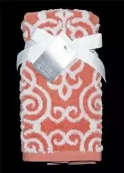 2 Tahari Coral / Salmon Sculpted Scroll Plush Terry Loop Velour Fingertip Towels