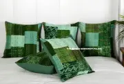 Luxury Silk Green Color Patchwork Kantha Work Cushion Covers Handmade 16 x 16"