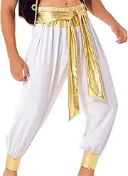 [TiaoBug] Halloween Men's Arabian Prince Costume Harem Pants Baggy Elastic Waist Patchwork Novelty Pant for Cosplay Party