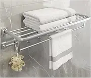 Bathroom Towel Rack 2 Tier with Double Towel Bar Bathroom Storage Organizer Towel Shelf Wall Mount SUS304 Stainless Steel Brushed Finish Hook Free Movement,Adjustable Spacing (Color : Silver, Size :