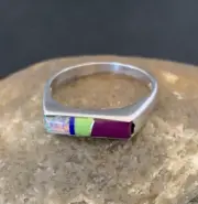 Turquoise, Opal & Purple Stone Navajo Sterling Silver Inlay Ring Size 7 11150