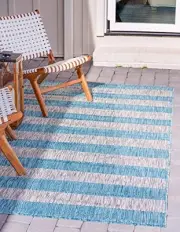 Outdoor Striped Collection Area Rug - 8' x 11' 4" Rectangle Light Aqua/Gray