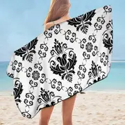 Black and White Royal Floral Microfiber Beach Towel