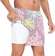 [GuoChe] Mens Swimsuit Trunks Mens 2 Layer Workout Shorts Valentine's Day Hawaiian Tropical Purple with Compression Liner and, Valentine's Day Hawaiian Tropical Purple, Medium