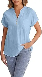 [Generic] Women Button Up Solid Color Short Sleeve Leisure T Shirt Ladies V Neck Button Down Short Sleeved Top T Shirt Relaxed Fit Tee Shirt