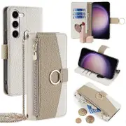 Compatible For Samsung Galaxy S23+ Case PU Leather Zipper Wallet Phone Cover with Crossbody Chain White