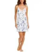 Linea Donatella Aviary Lace-Trim Floral-Print Satin Chemise Nightgown (White,...
