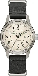 [Bulova] Mens Military Hack Automatic Watch wiith Black Leather NATO Strap (Model: 96A246), Silver