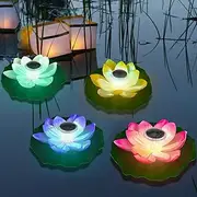 VIHOSE 4 Pcs 11 Inch Solar Pond Pool Light Floating Lotus Flower Lamp Lily Pad Flower Pool Light Solar Floating for Pond Garden Decoration