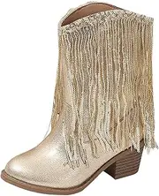 [JEUROT] Girl's Cowgirl Boots Cowboy Fringe Western Boots Chunky Heel Tassel Mid Calf Boots Kids Pointed Toe Riding Boots