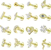 [YADOCA] 16Pcs 16G Tragus Piercing Jewelry Hypoallergenic Surgical Steel Tragus Earrings Internally Threaded Flat Back Medusa Labret Lip Monroe Conch Cartilage Stud Earrings for Women