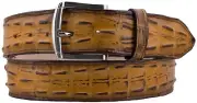 Rustic Yellow Western Cowboy Leather Crocodile Alligator Tail Belt Silver Buckle