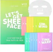 I DEW CARE Sheet Mask Pack - Let’s Get Sheet Faced | 14-Day Intense Skincare Makeover with Collagen, Tea Tree Oil, Eucalyptus, Lotus Flower, Glass Skin, 14 Count