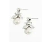 Silver Cubic Zirconia Leaf & Pearl Drop Earrings