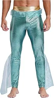 [Linjinx] Men's Mermaid Pants King of The Seas Costume Metallic Shiny Ruffled Tulle Trims Leggings