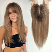 HAIRCUBE Toppers for Women, 100% Remy Human Hair With Bangs, 150% Density Silk Base Clip In for Slight Hair Loss/Thinning/Gray, 14 Inch 40g - Ombre Ash Blonde