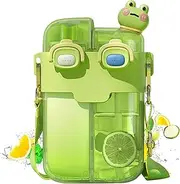 Cute Water Bottle 26 Oz Kids Water Bottle Dual Chamber Water Bottle with Straw ＆ Adjustable Strap Leak Proof Water Jug Travel Water Bottle for Sports Green
