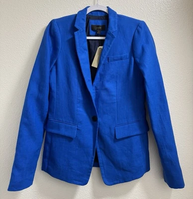 J Crew Linen Blazer One Button Lined Pockets Vent Blue Women’s 2 Tall