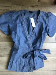 Ann Taylor Top Blouse Wrap Around Blue Denim V-Neck Linen Blend Size 2 New NWT