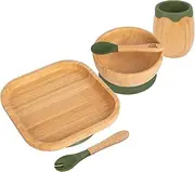 5pc Olive Green Bamboo Square Baby Weaning Set - Toddler Kids Food Feeding Dinner Plate Bowl Spoon Cutlery - Silicone Suction Cup - by Tiny Dining