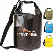 [Active Peak] Dry Bag Waterproof Roll-Top Bag 2L 5L 10L 20L; Extremely Robust Outdoor Packsack Duffel Bag with Shoulder Strap; Swimming, Beach & Boat Bag with Mobile Phone Case, Black, 5 Liter