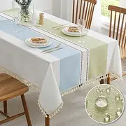 QIANQUHUI Embroidered Tablecloth for Dining Table,Dust Proof Spillproof Soil Resistant Cotton Linen Rectangle Table Cloths (Green Blue, Square, 55''x55'', 2-4 Seats)
