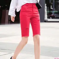 在飛比找蝦皮商城精選優惠-美樂購-大紅色牛仔短褲女夏季薄款2022新款高腰緊身五分褲女