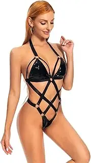 [JINZIJINYU] Lingerie For Women Sexy Naughty Sexy Women Patent Leather Sexy One Piece Three Point Tight Hollow Dress