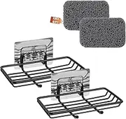 2 Pack Soap Dishes and 2Pcs Soap Saver, Stainless Steel and Self Adhesive Sink Bar Soap Holder with Hook for Shower Bathroom Kitchen (Black)