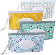 FEBSNOW 4 Pack Baby Wipe Dispenser, Portable Refillable Wipe Holder, Baby Wipes Container, Wipe Dispenser, Reusable Travel Wet Wipe Pouch (Floral)
