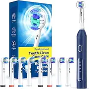Rotating Electric Toothbrush for Adults with 8 Brush Heads (2 Types), 4 Modes Deep Clean Electric Toothbrush with Rechargeable Power and 2 Min Smart Timer, Rechargeable Last 25 Days Darkblue