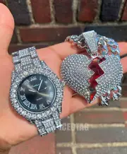 HIP HOP WHITE GOLD PT LUXURY BLING WATCH & 30" CUBAN CHAIN, BROKEN HEART PENDANT
