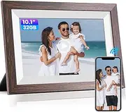 32GB Digital Photo Frame,10.1" IPS Touch Screen Smart WiFi Digital Picture Frame,Smart Motion Sensor,Easy Setup to Share Photos or Videos via APP,Auto-Rotate, Wall Mountable(Brown Wood Frame)