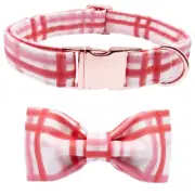 Valentines Day Dog Collar with Bow Tie Pink Plaid Rose Gold Metal Hardware
