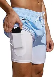 [Nonwe] Men's Swim Trunks with Compression Liner 2 in 1 Fast Dry Bathing Suits Cargo Surf Shorts with Pockets