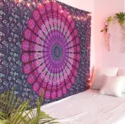 Indian Purple Mandala Cotton Tapestry Wall Decot Twin Bohemian Bedspread Twin