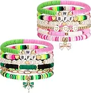 Landical 12 Pcs Friendship Bracelets Pink Green Preppy Clay Bead Bracelets Bulk for Witch Princess Birthday Party Favor Cosplay Outfit Movie Fans Merch Gifts, 7.09inches, Polymer Clay, polymer clay