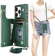 Bocasal Crossbody Wallet Case for iPhone 15 Pro with RFID Blocking Card Slot Holder, Magnetic Flip Folio Purse Case, PU Leather Zipper Handbag with Detachable Lanyard Strap 6.1 Inch 5G (Green)