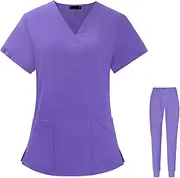 [rockible] Stylish Scrub Set Top and Bottom Comfortable V Neck with Pockets Lightweight Solid Cap Sleeve Unisex Easy Care Outfit for Beauty Professionals,