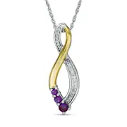 Amethyst and Natural Diamond Accent Three Stone Infinity Pendant in Sterling Silver and 10K Yellow Gold