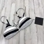 Norma Kamali Bikini Top Triangle Small Writing Stripe Black White String NEW