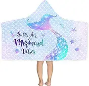 Bonsai Tree Mermaid Kids Hooded Beach Towel, Mermaid Tail Microfiber Hooded Poncho Towel for Girls 30”x50”, Mermaid Scales Pink Soft Absorbent Bath Towels Bathrobe with Hood for Swin Pool
