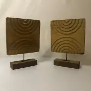 WOODEN DECOR SQUARE WAVE CARVING PANEL PLAQUE SET OF 2 ORIGINAL CARVED 8" X 8"